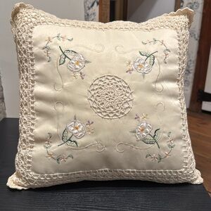 Vintage Ivory Satin Pillowcase 15”x15” – Embroidered Lace Floral Cottagecore
